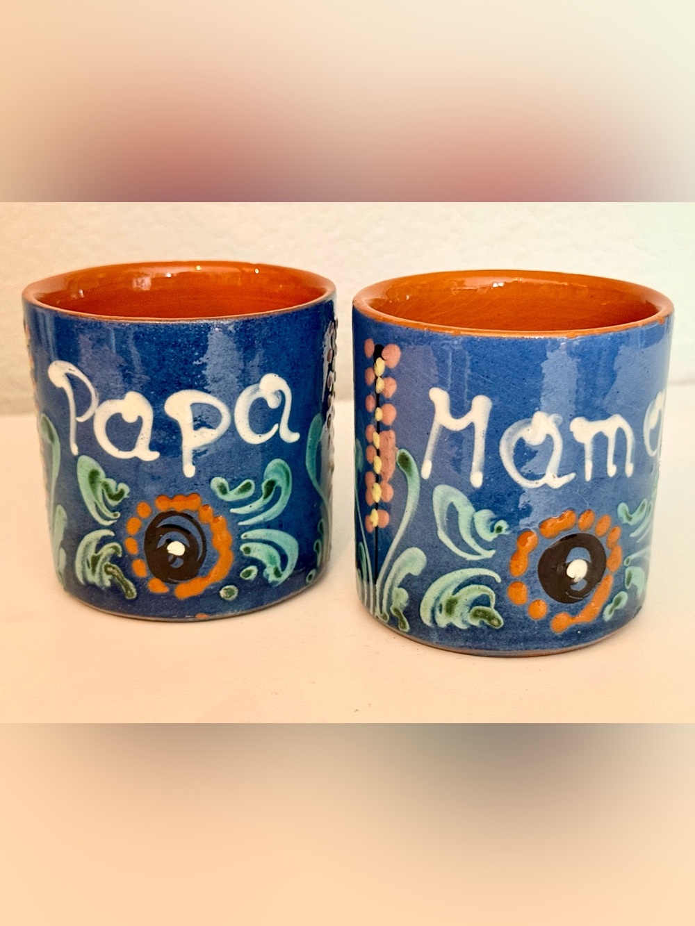 Vintage Mexican Pottery Hand Painted Papa Mama Mug Set Cobalt Blue